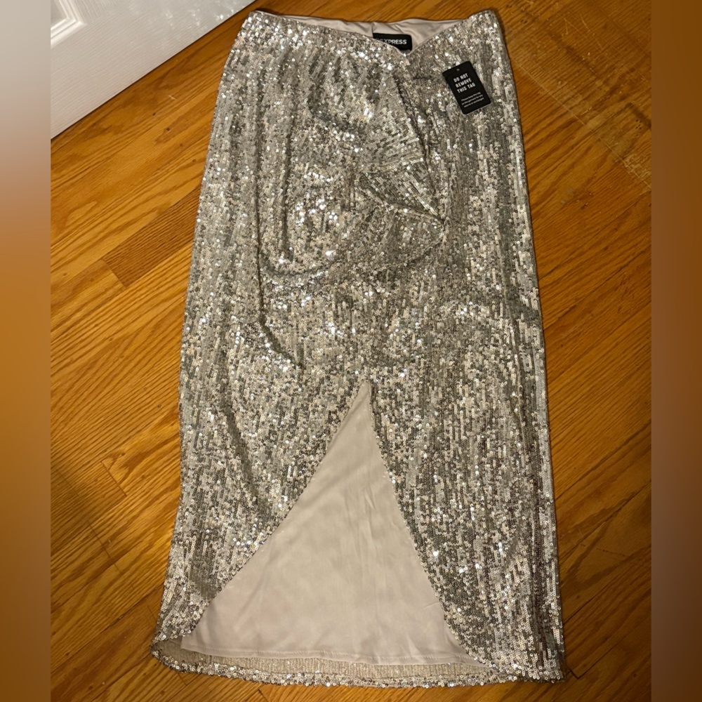 Express Shimmering Silver Sequin Skirt